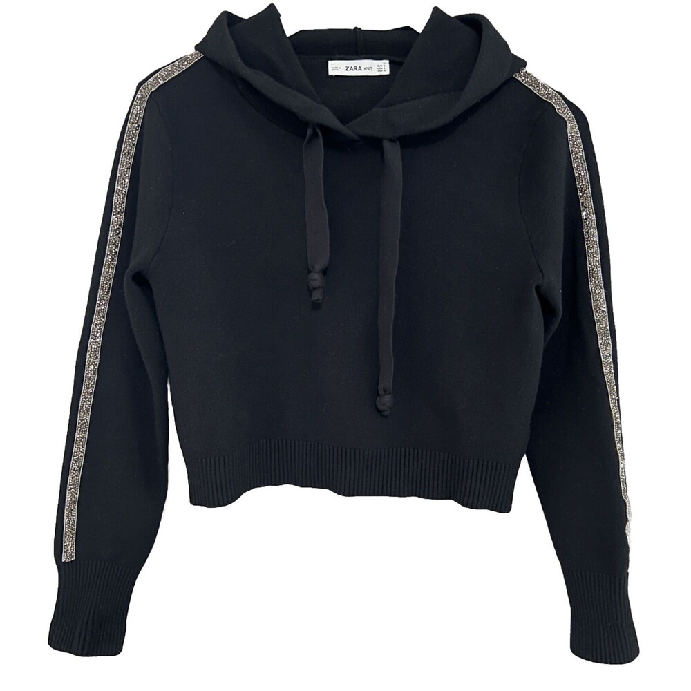 Zara Knit Black Cropped Hoodie Sweatshirt Sz Small Embellished Sleeves Sparkle
